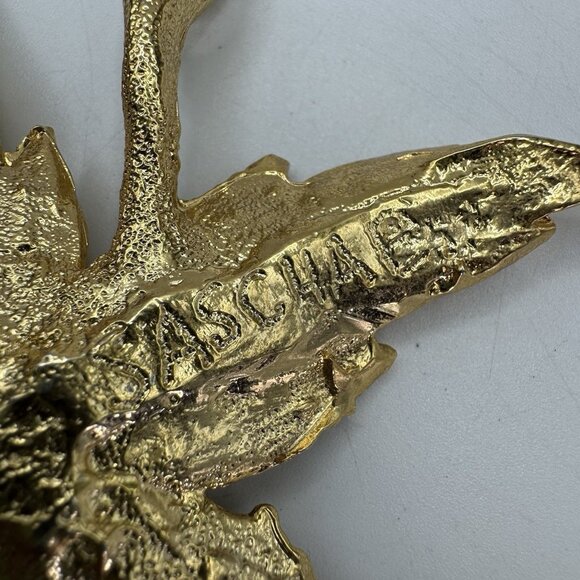 SASCHA BRASTOFF Brutalist Statement Necklace Pendant Leaf Gold Tone Vintage - Picture 6 of 10